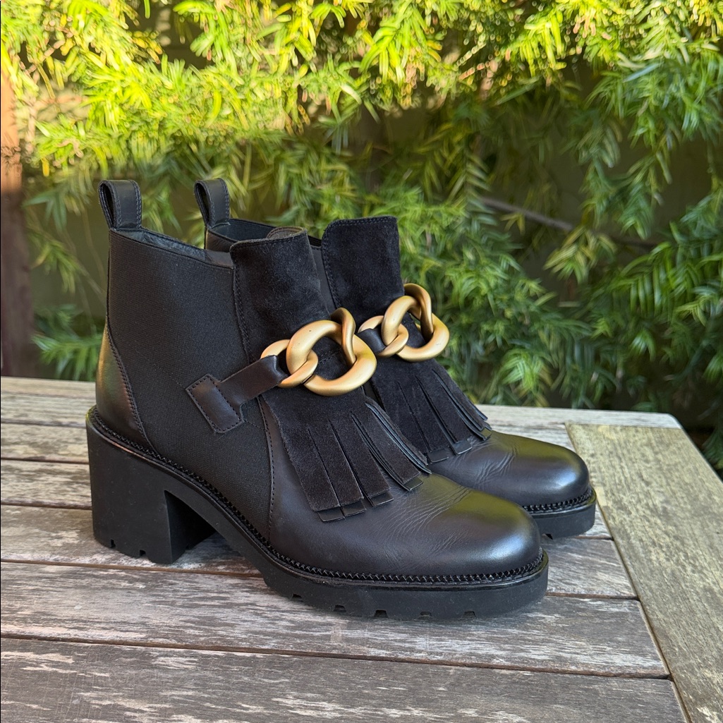 Paul Green Chunky Leather Boots With Fringe And Gold Chain Accents